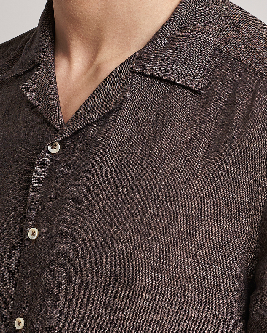 Hombres | Camisas | Stenströms | Slimline Short Sleeve Resort Linen Shirt Dark Brown