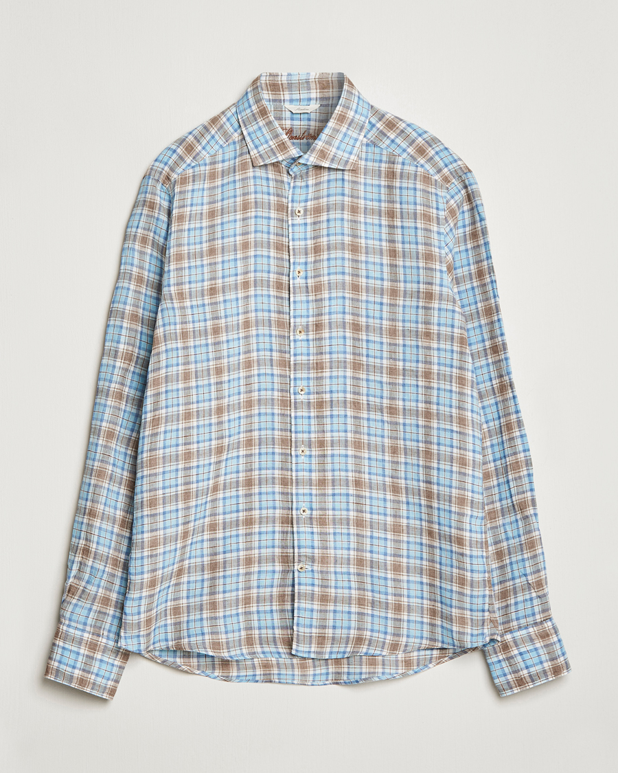 Hombres | Camisas | Stenströms | Slimline Cut Away Checked Linen Shirt Blue/Beige