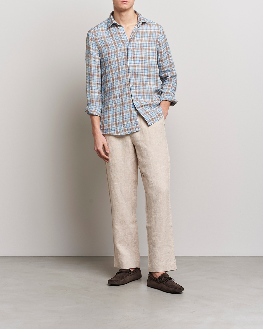 Hombres | Camisas | Stenströms | Slimline Cut Away Checked Linen Shirt Blue/Beige