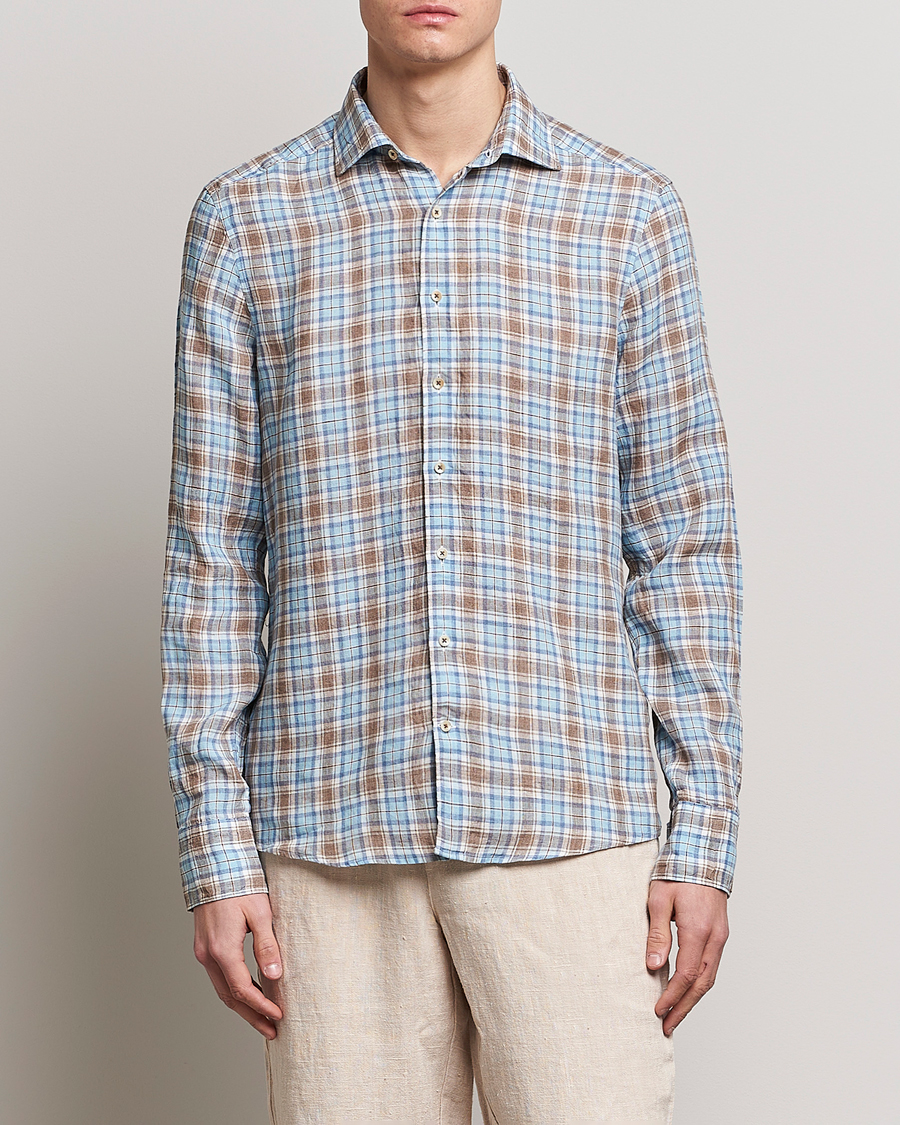 Hombres | Camisas | Stenströms | Slimline Cut Away Checked Linen Shirt Blue/Beige