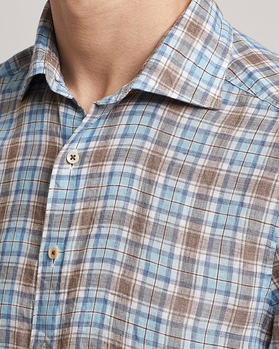 Hombres | Camisas | Stenströms | Slimline Cut Away Checked Linen Shirt Blue/Beige