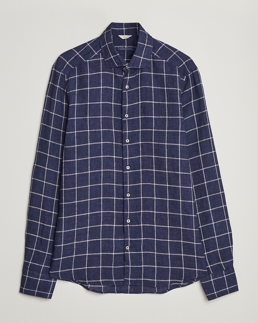 Hombres | Camisas | Stenströms | Slimline Cut Away Checked Linen Shirt Dark Blue