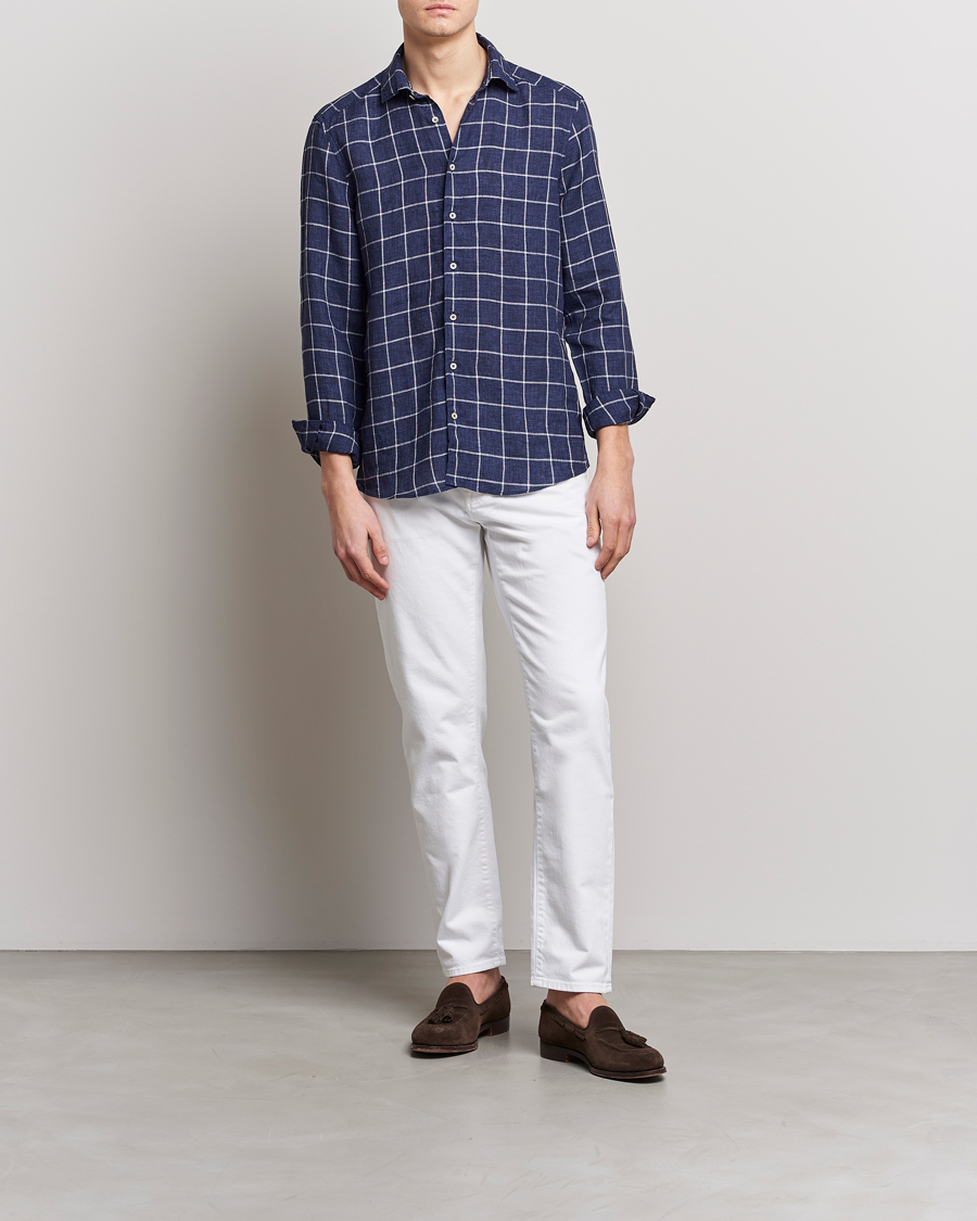 Hombres | Camisas | Stenströms | Slimline Cut Away Checked Linen Shirt Dark Blue