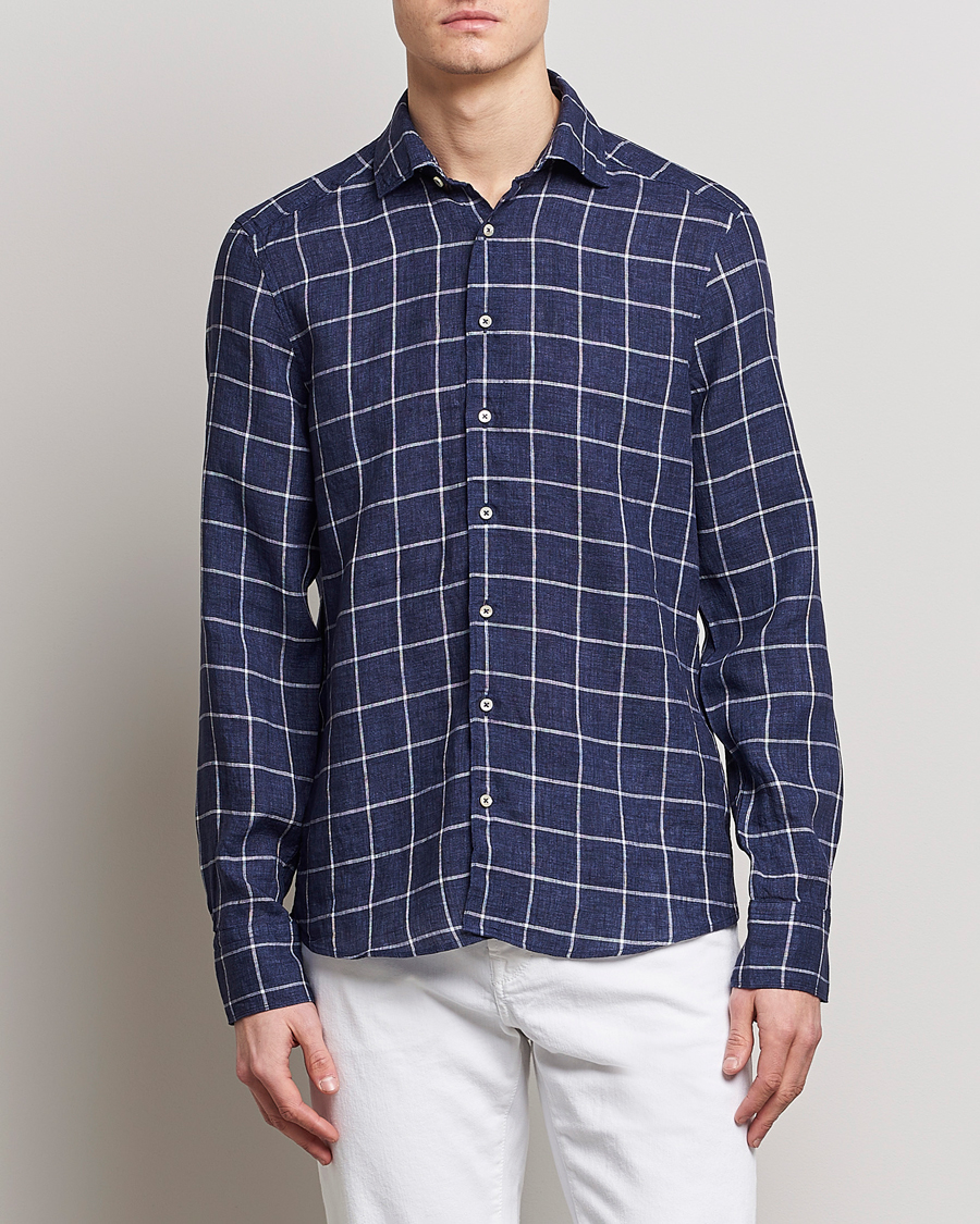 Hombres | Camisas | Stenströms | Slimline Cut Away Checked Linen Shirt Dark Blue