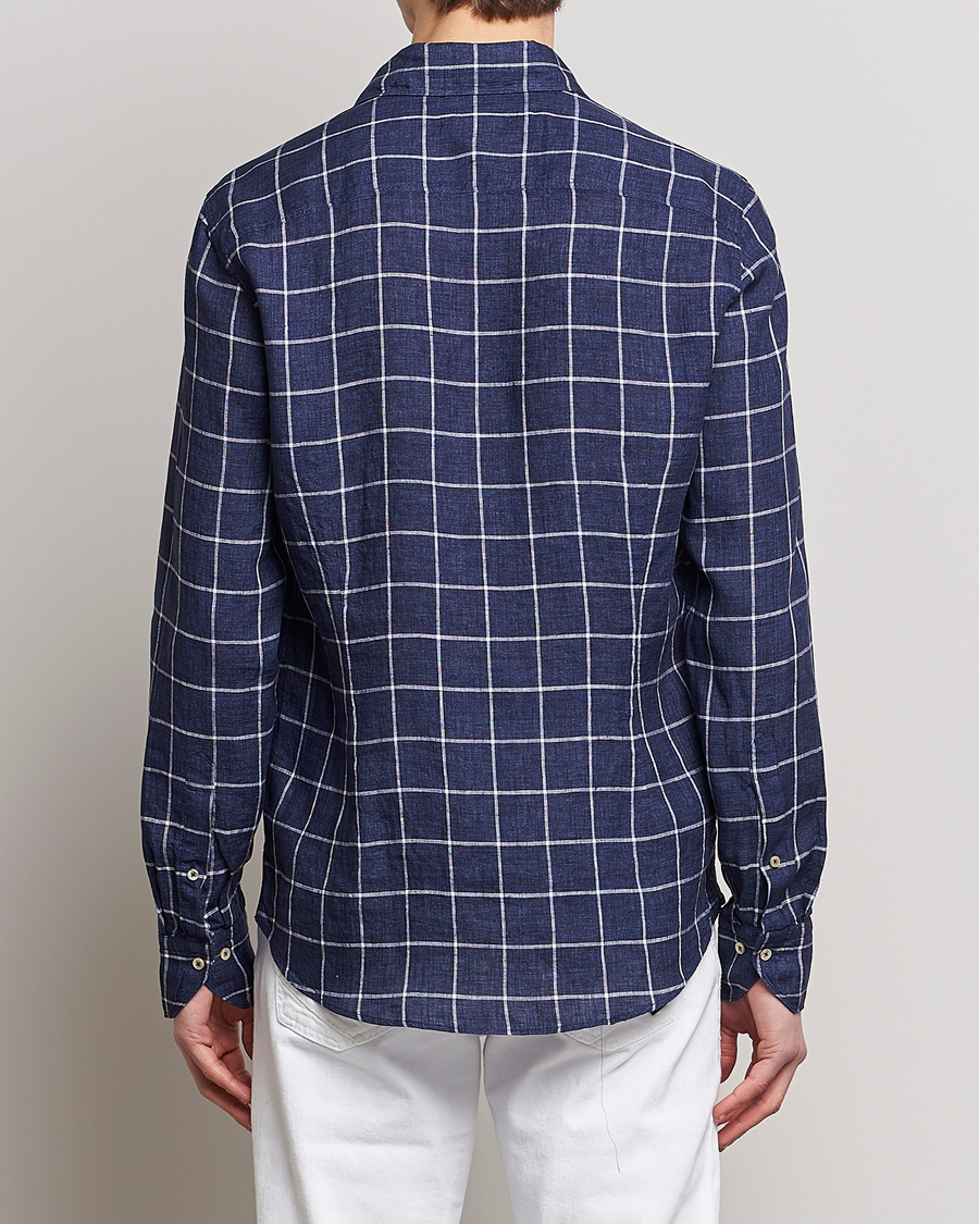 Hombres | Camisas | Stenströms | Slimline Cut Away Checked Linen Shirt Dark Blue