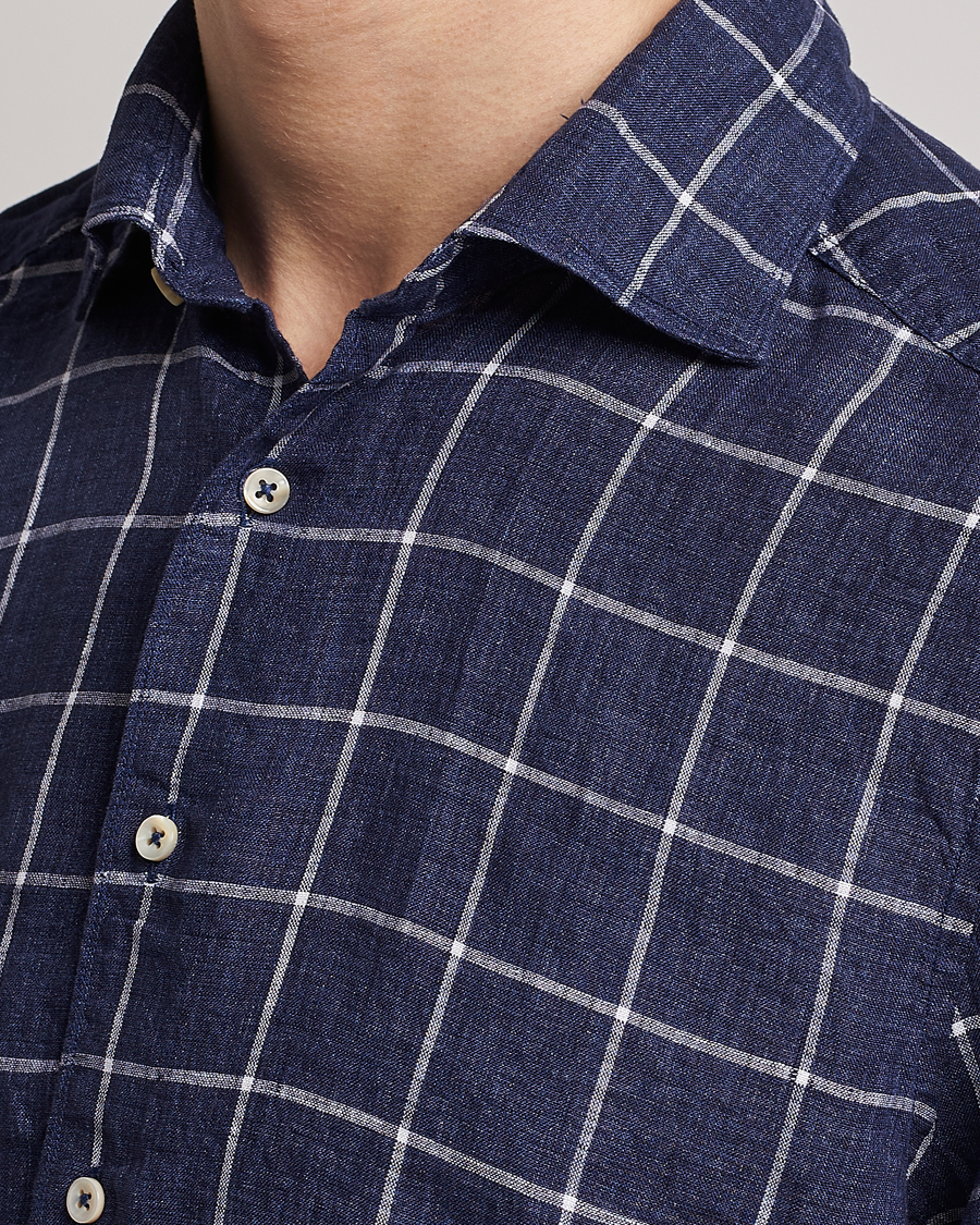 Hombres | Camisas | Stenströms | Slimline Cut Away Checked Linen Shirt Dark Blue