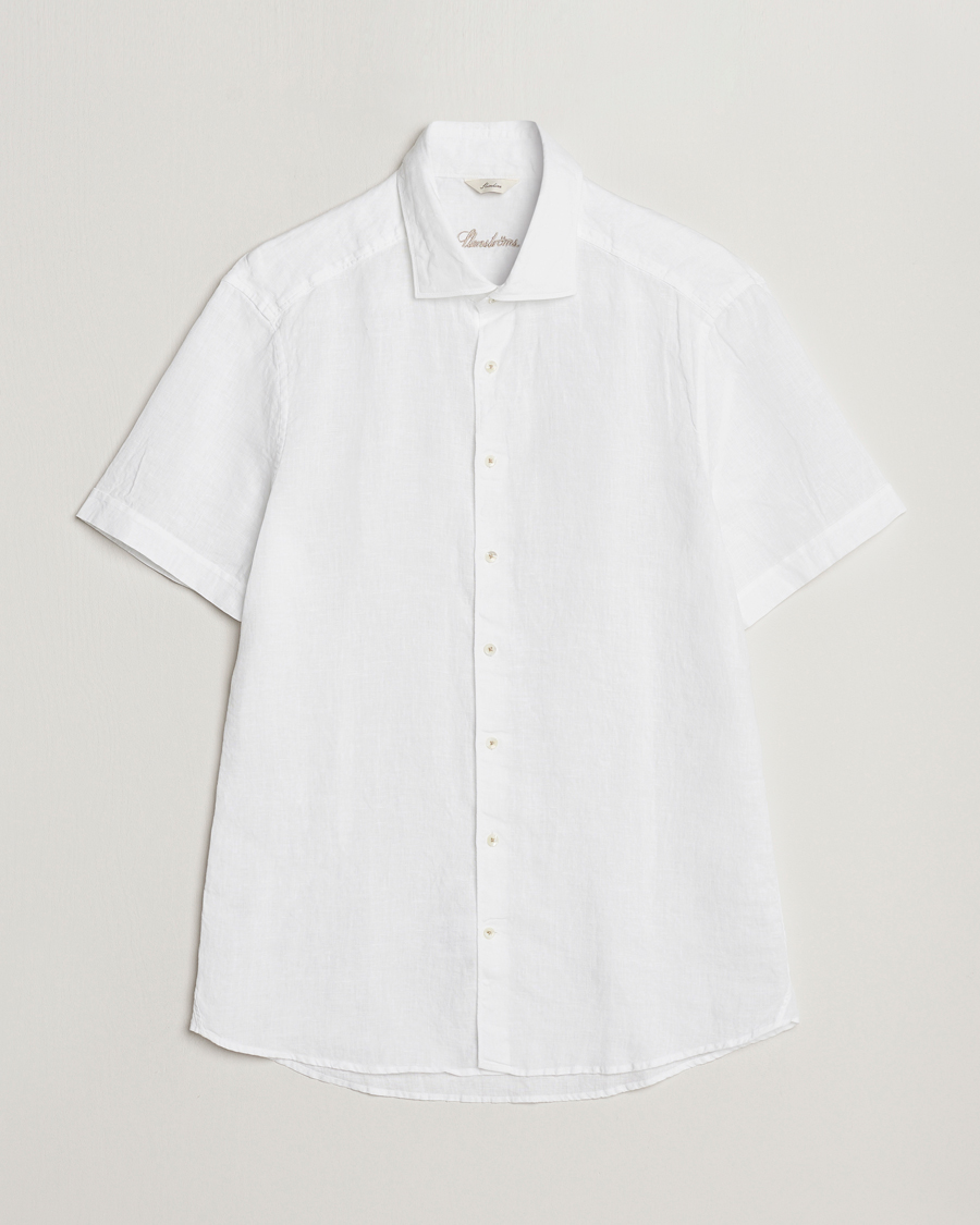 Hombres | Camisas | Stenströms | Slimline Cut Away Short Sleeve Linen Shirt White