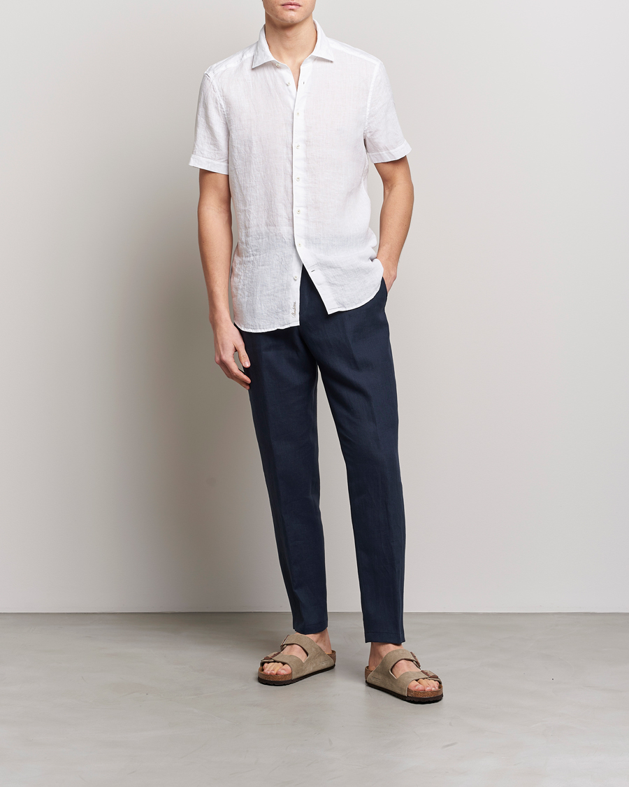 Hombres | Camisas | Stenströms | Slimline Cut Away Short Sleeve Linen Shirt White
