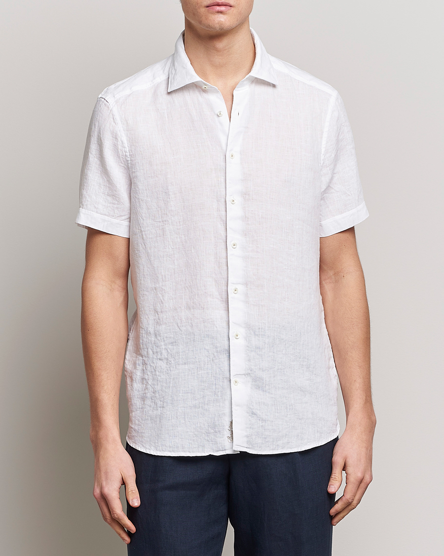 Hombres | Camisas | Stenströms | Slimline Cut Away Short Sleeve Linen Shirt White