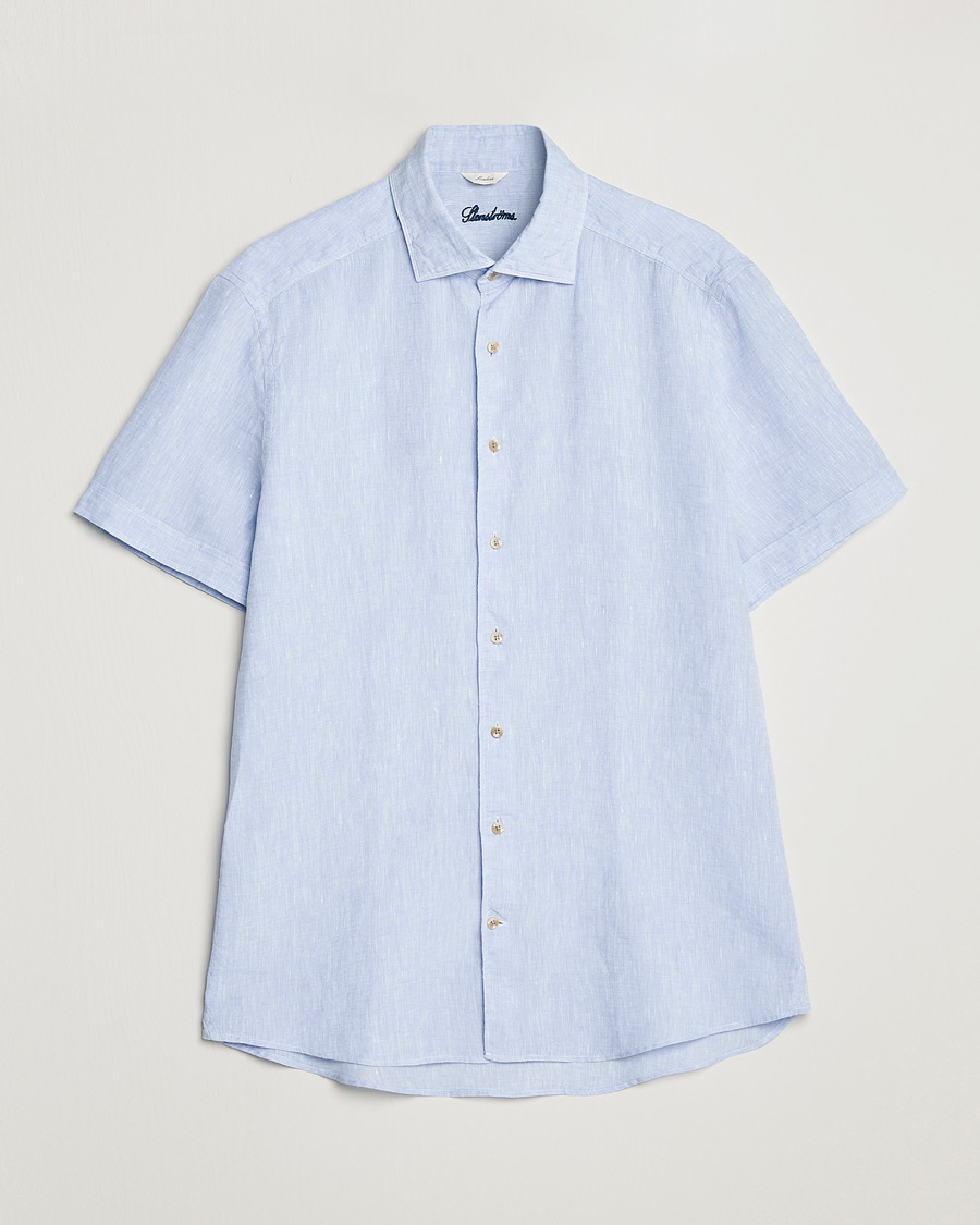 Hombres | Camisas | Stenströms | Slimline Cut Away Short Sleeve Linen Shirt Light Blue