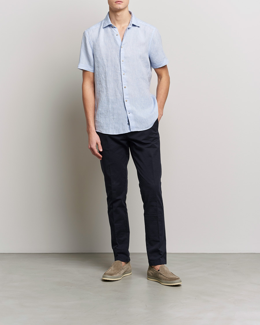 Hombres | Camisas | Stenströms | Slimline Cut Away Short Sleeve Linen Shirt Light Blue