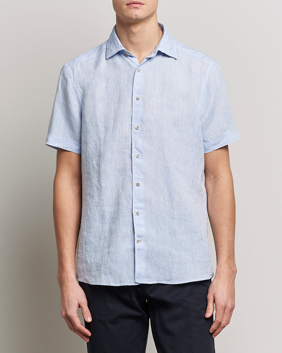 Hombres | Camisas | Stenströms | Slimline Cut Away Short Sleeve Linen Shirt Light Blue