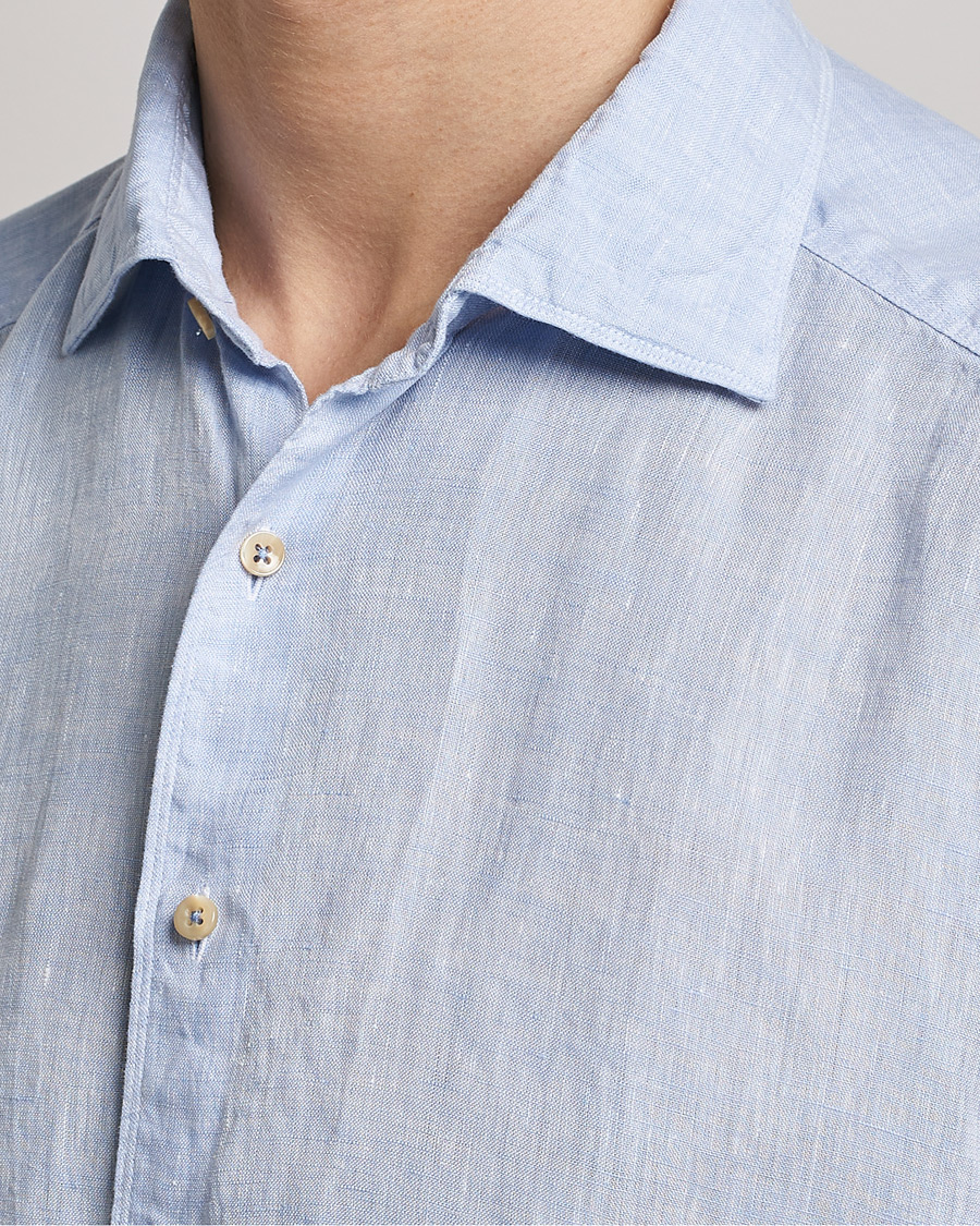 Hombres | Camisas | Stenströms | Slimline Cut Away Short Sleeve Linen Shirt Light Blue