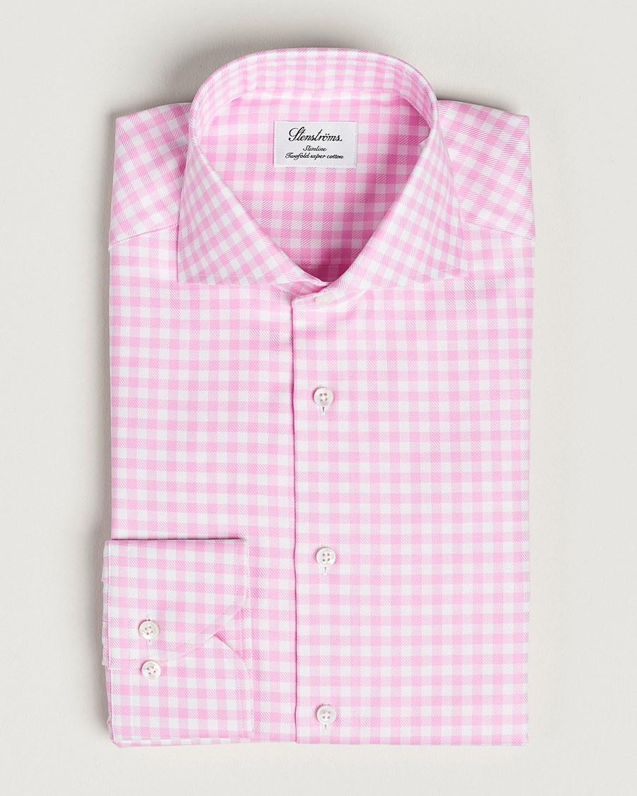 Hombres | Camisas | Stenströms | Slimline Checked Cut Away Shirt Pink