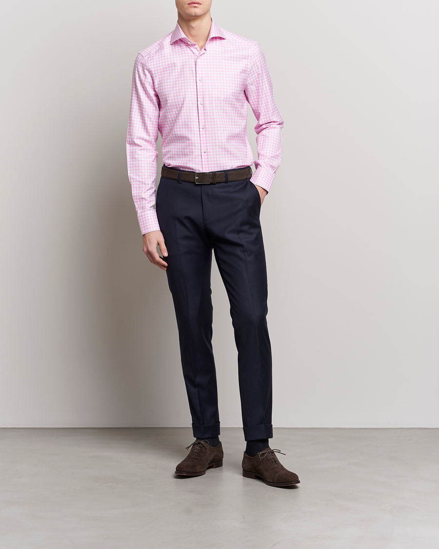 Hombres | Camisas | Stenströms | Slimline Checked Cut Away Shirt Pink