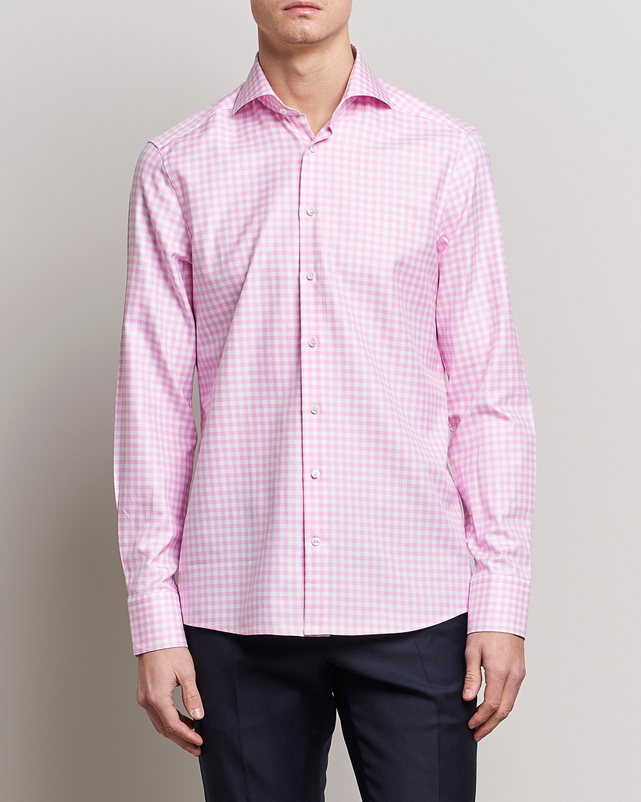 Hombres | Camisas | Stenströms | Slimline Checked Cut Away Shirt Pink