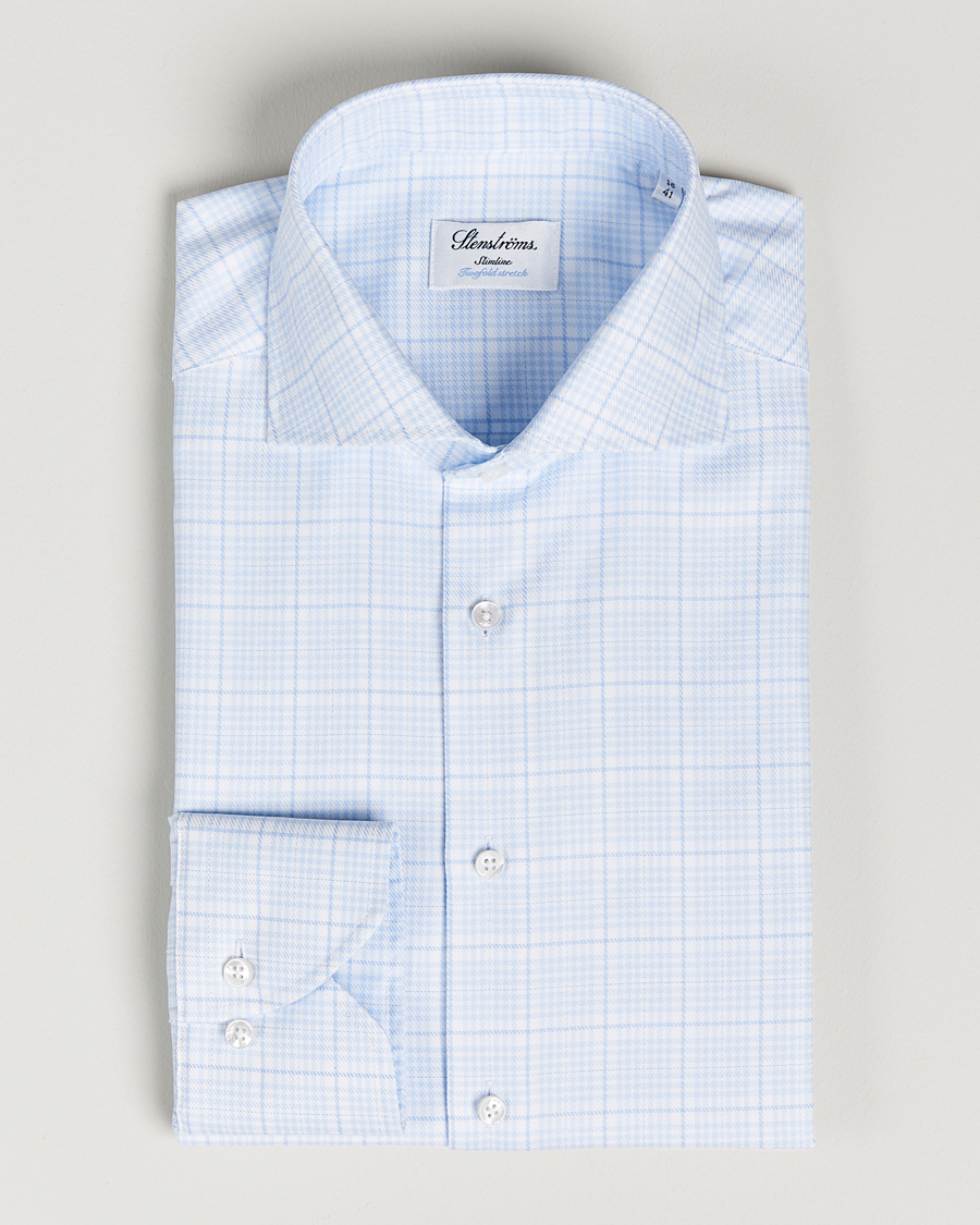 Hombres | Camisas | Stenströms | Slimline Multicheck Cut Away Shirt Light Blue