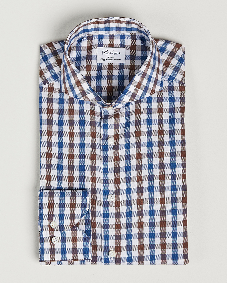 Hombres | Camisas | Stenströms | Slimline Cut Away Gingham Shirt Brown/Blue