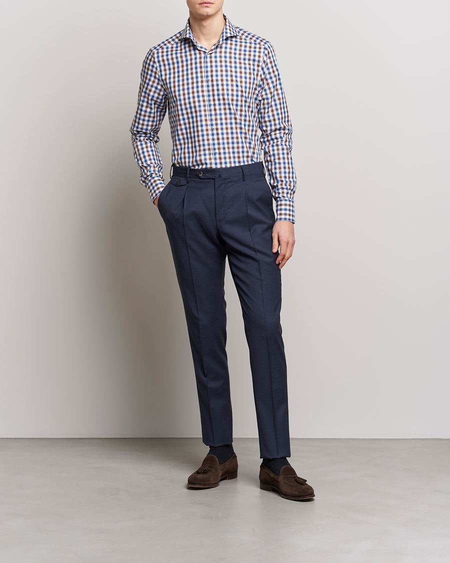 Hombres | Camisas | Stenströms | Slimline Cut Away Gingham Shirt Brown/Blue