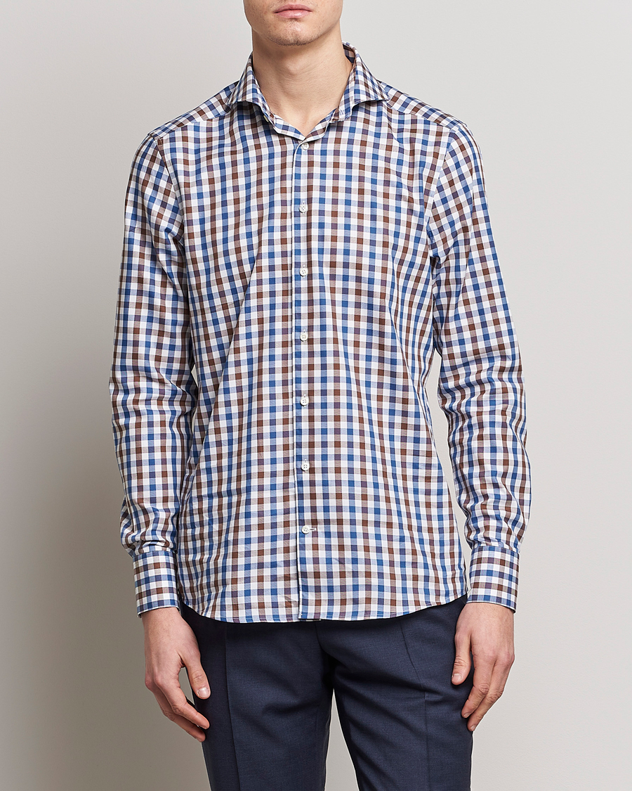 Hombres | Camisas | Stenströms | Slimline Cut Away Gingham Shirt Brown/Blue