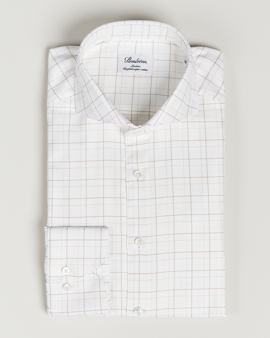 Hombres | Camisas | Stenströms | Slimline Cut Away Windowpane Shirt White/Beige