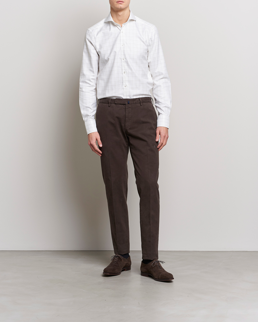 Hombres | Camisas | Stenströms | Slimline Cut Away Windowpane Shirt White/Beige