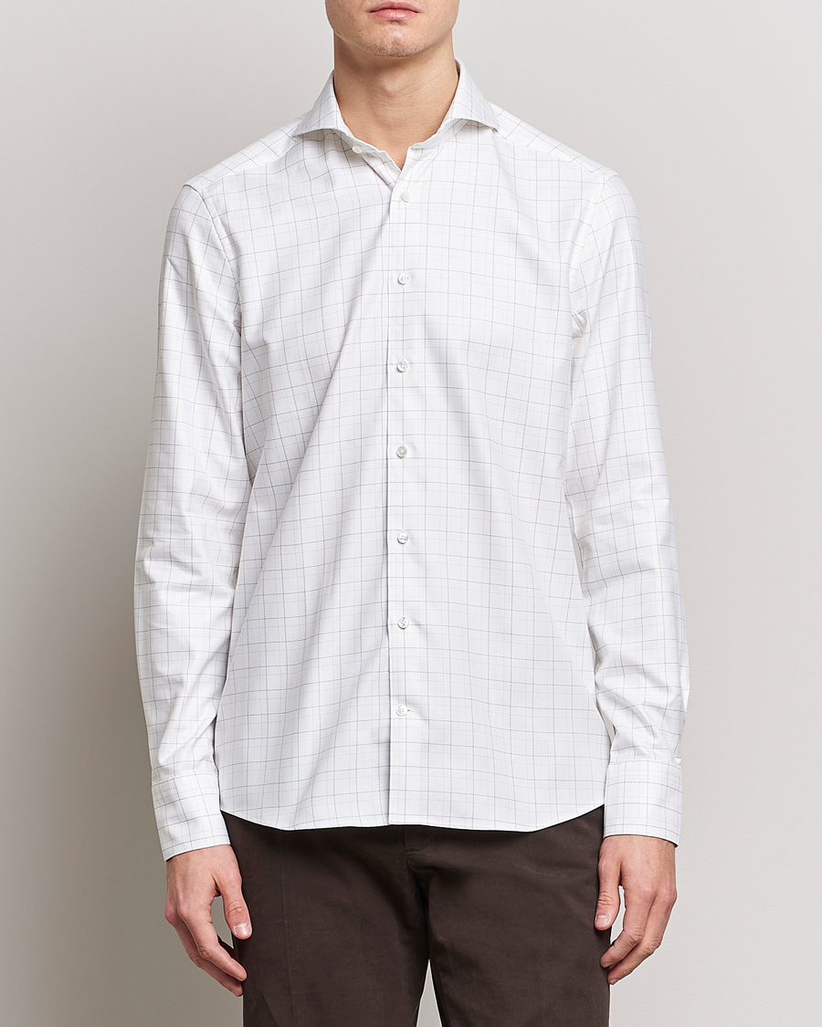 Hombres | Camisas | Stenströms | Slimline Cut Away Windowpane Shirt White/Beige
