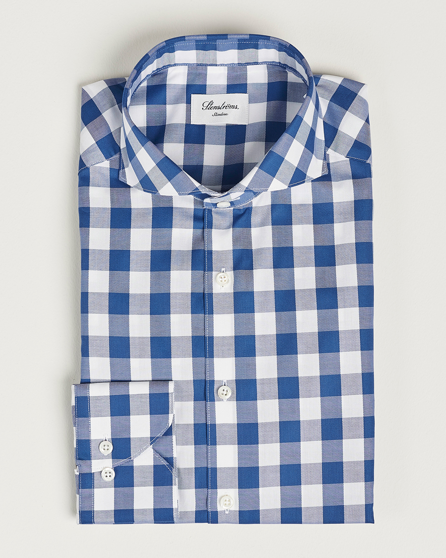 Hombres | Camisas | Stenströms | Slimline Cut Away Large Gingham Shirt Blue