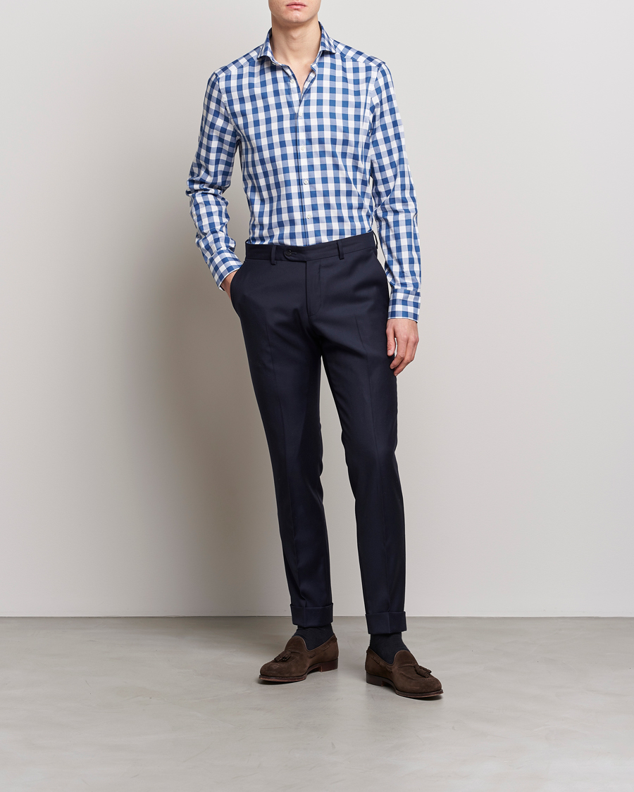 Hombres | Camisas | Stenströms | Slimline Cut Away Large Gingham Shirt Blue