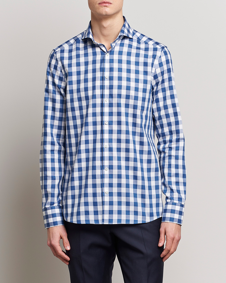 Hombres | Camisas | Stenströms | Slimline Cut Away Large Gingham Shirt Blue