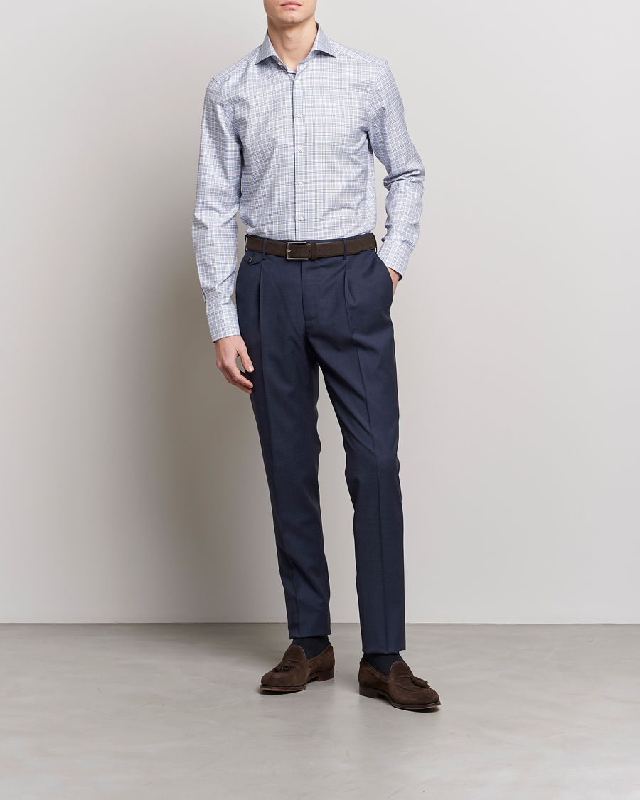 Hombres | Camisas | Stenströms | Slimline Cut Away Multicheck Shirt Blue
