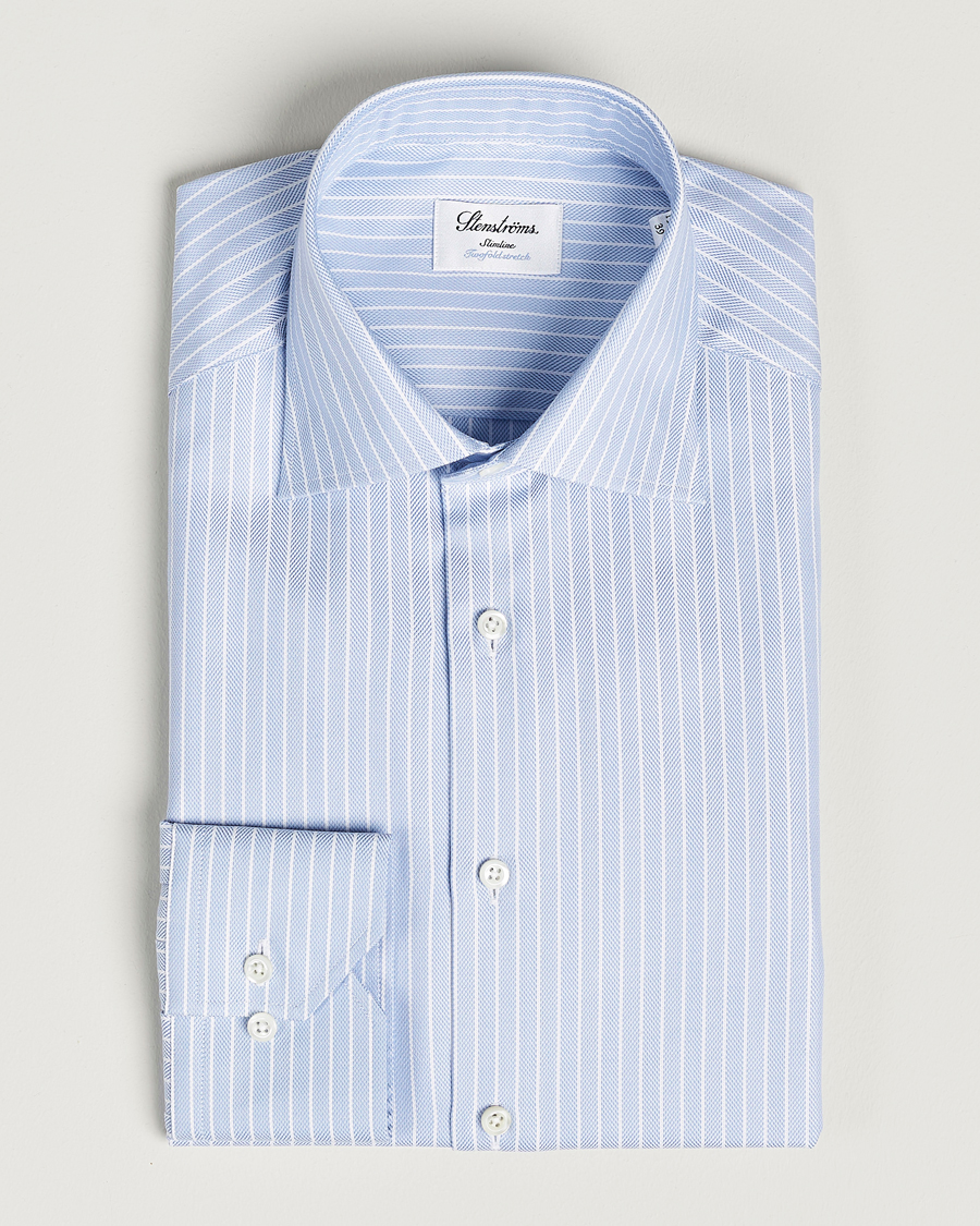 Hombres | Camisas | Stenströms | Slimline Cut Away Herringbone Striped Shirt Blue