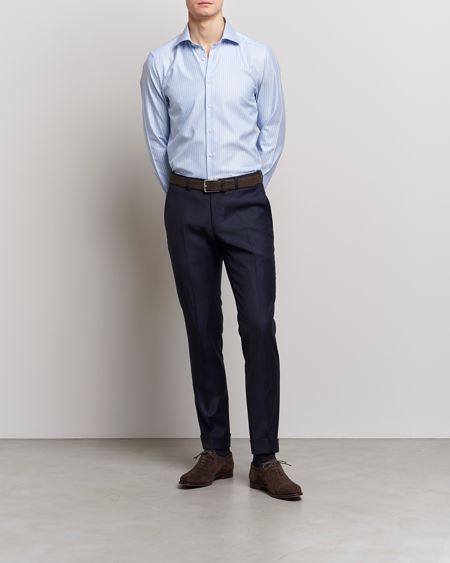 Hombres | Camisas | Stenströms | Slimline Cut Away Herringbone Striped Shirt Blue