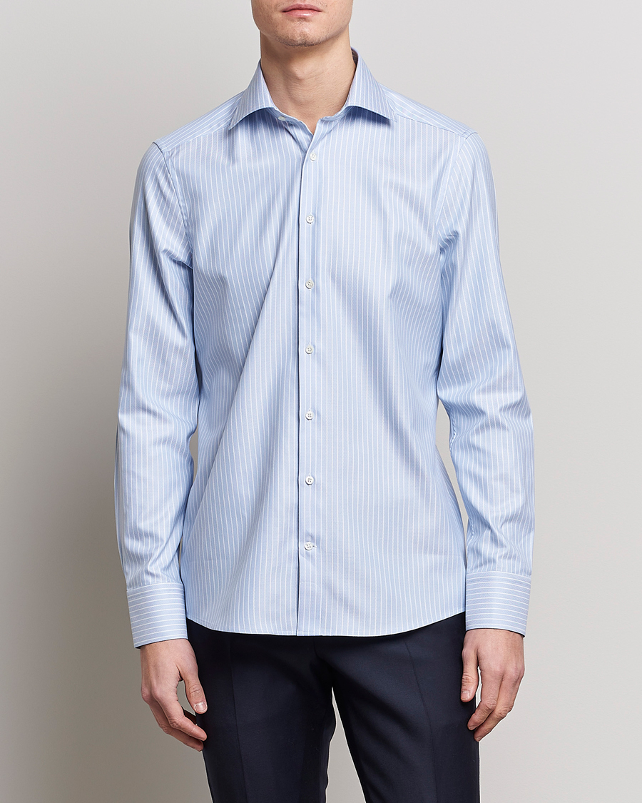 Hombres | Camisas | Stenströms | Slimline Cut Away Herringbone Striped Shirt Blue