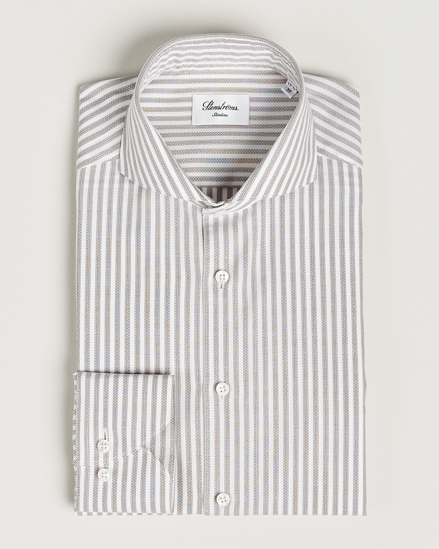 Hombres | Camisas | Stenströms | Slimline Cut Away Structure Striped Shirt Brown