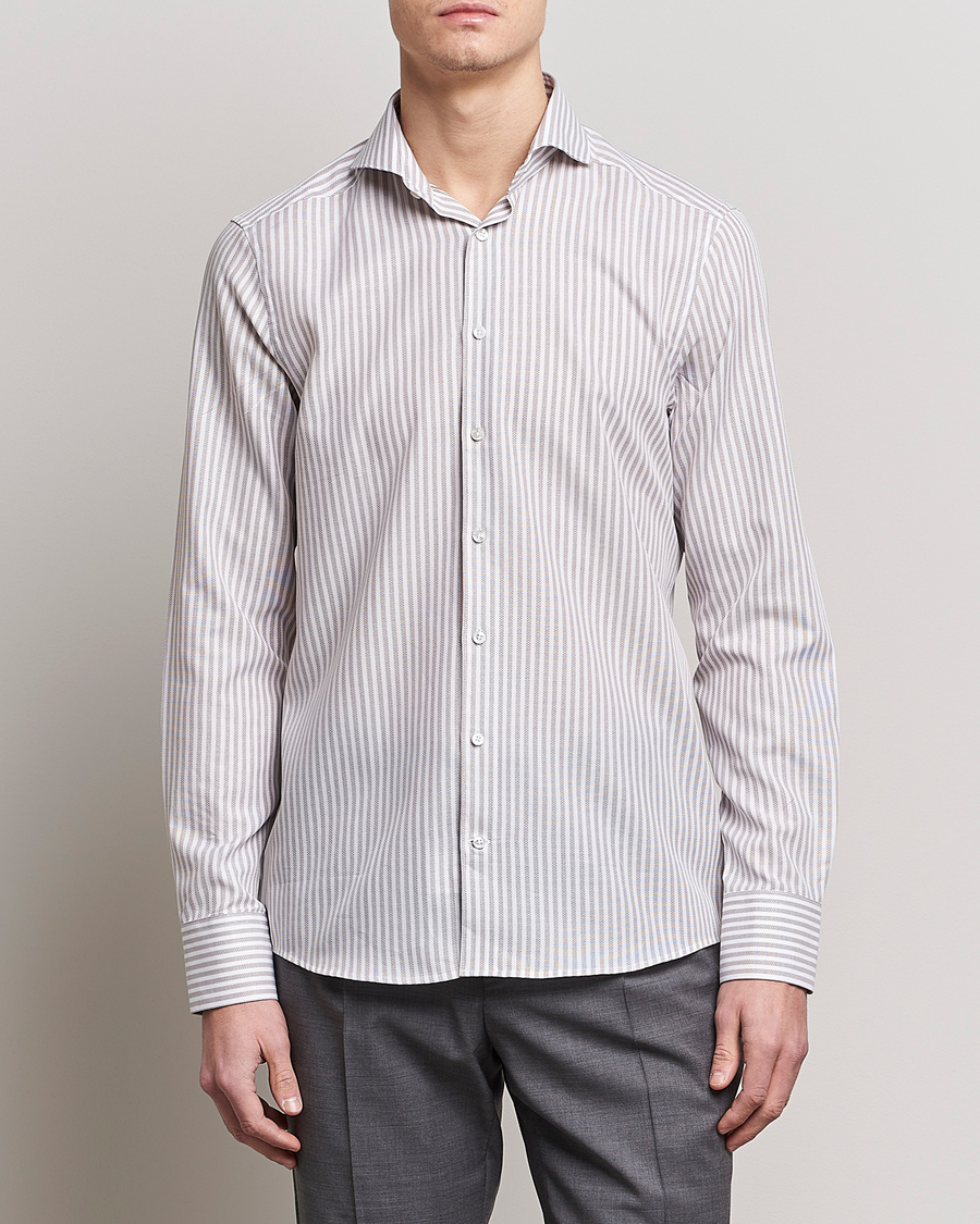 Hombres | Camisas | Stenströms | Slimline Cut Away Structure Striped Shirt Brown