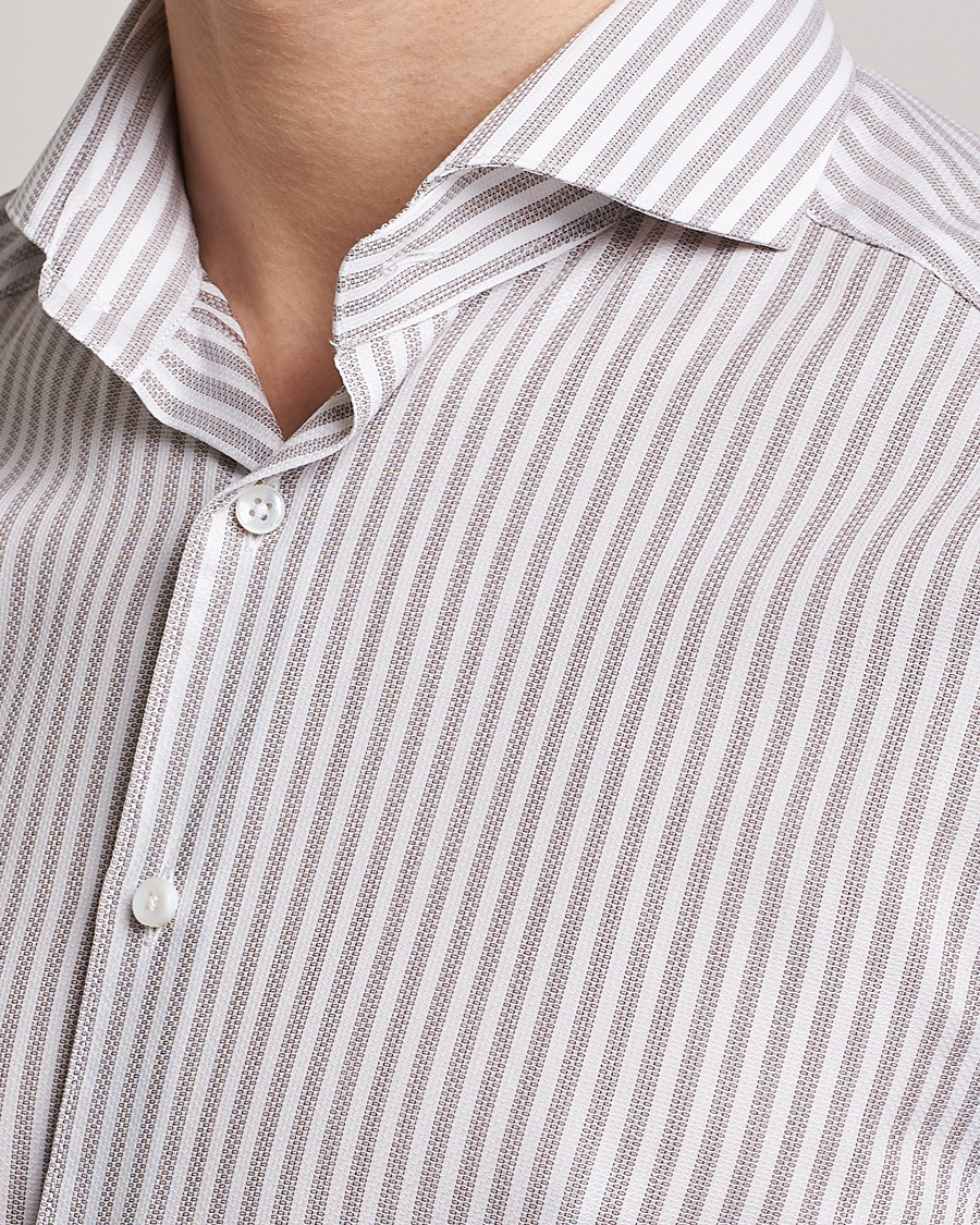 Hombres | Camisas | Stenströms | Slimline Cut Away Structure Striped Shirt Brown