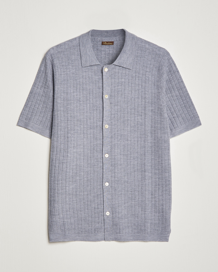 Hombres | Polos | Stenströms | Merino/Lyocell Ribbed Buttoned Polo Shirt Grey