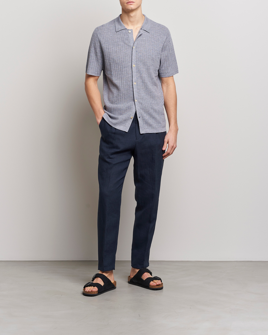 Hombres | Polos | Stenströms | Merino/Lyocell Ribbed Buttoned Polo Shirt Grey