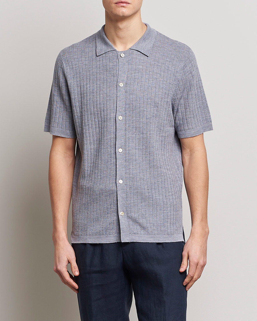 Hombres | Polos | Stenströms | Merino/Lyocell Ribbed Buttoned Polo Shirt Grey