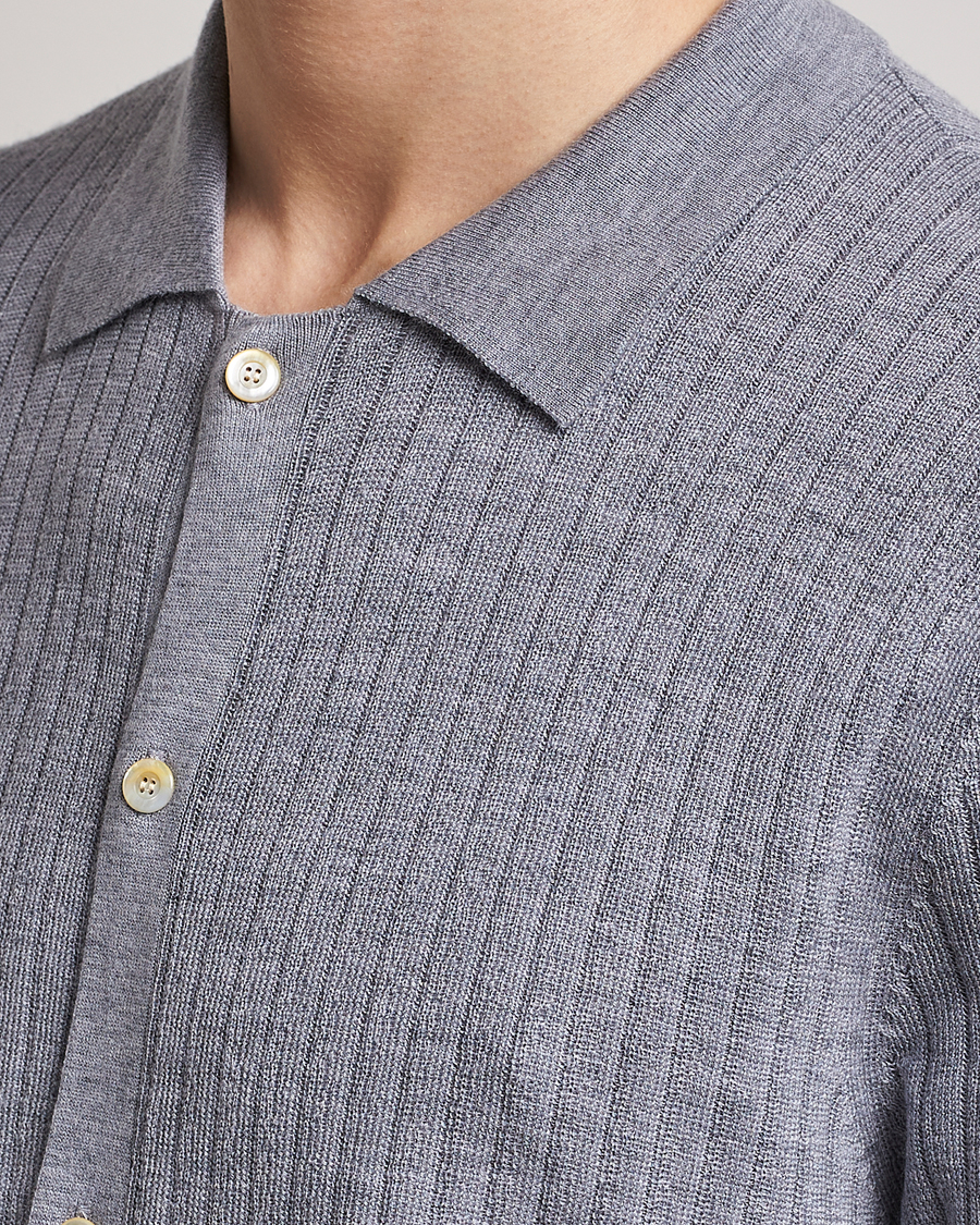 Hombres | Polos | Stenströms | Merino/Lyocell Ribbed Buttoned Polo Shirt Grey