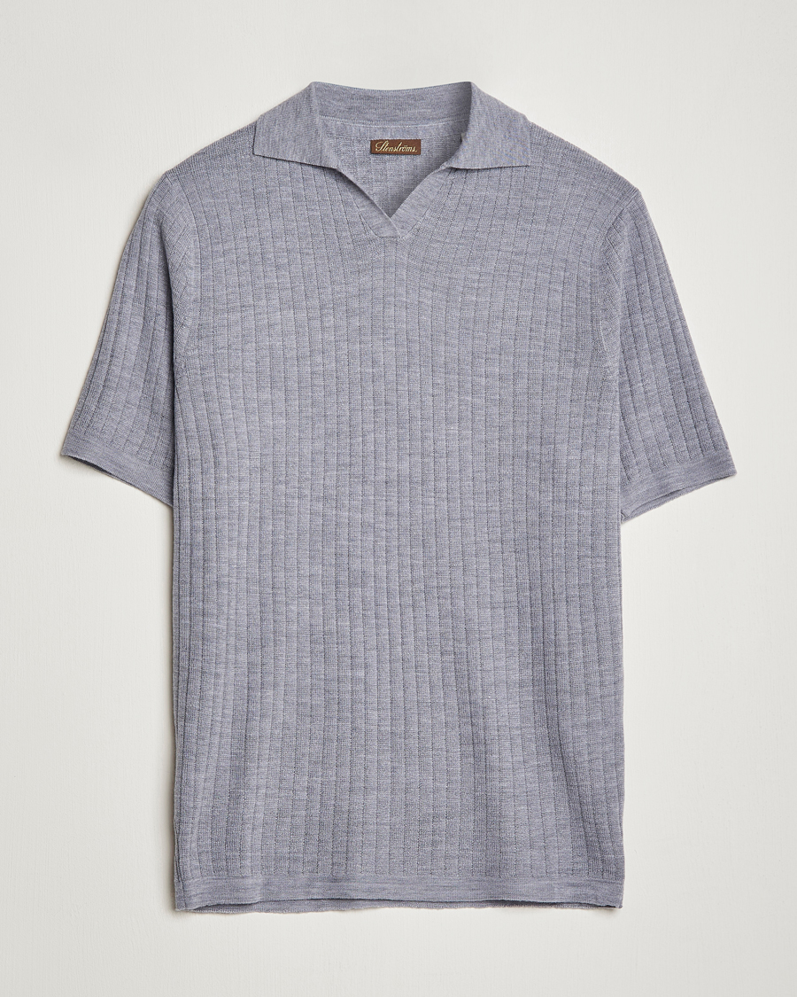 Hombres | Polos | Stenströms | Merino/Lyocell Ribbed Open Collar Polo Grey
