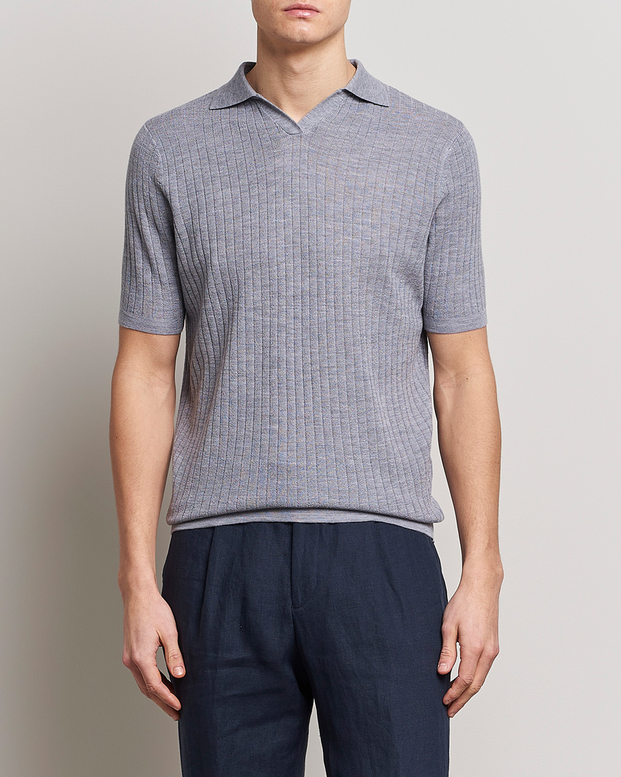 Hombres | Polos | Stenströms | Merino/Lyocell Ribbed Open Collar Polo Grey