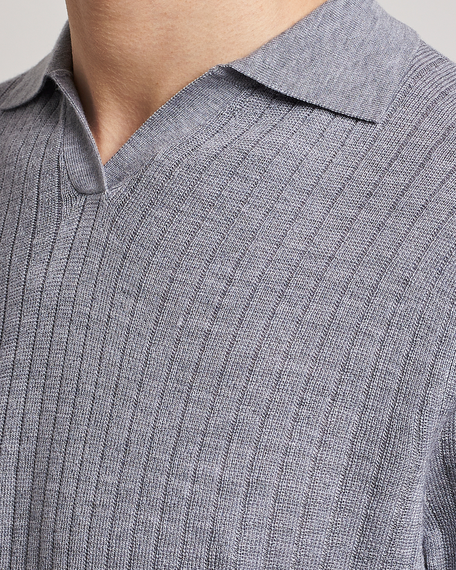 Hombres | Polos | Stenströms | Merino/Lyocell Ribbed Open Collar Polo Grey