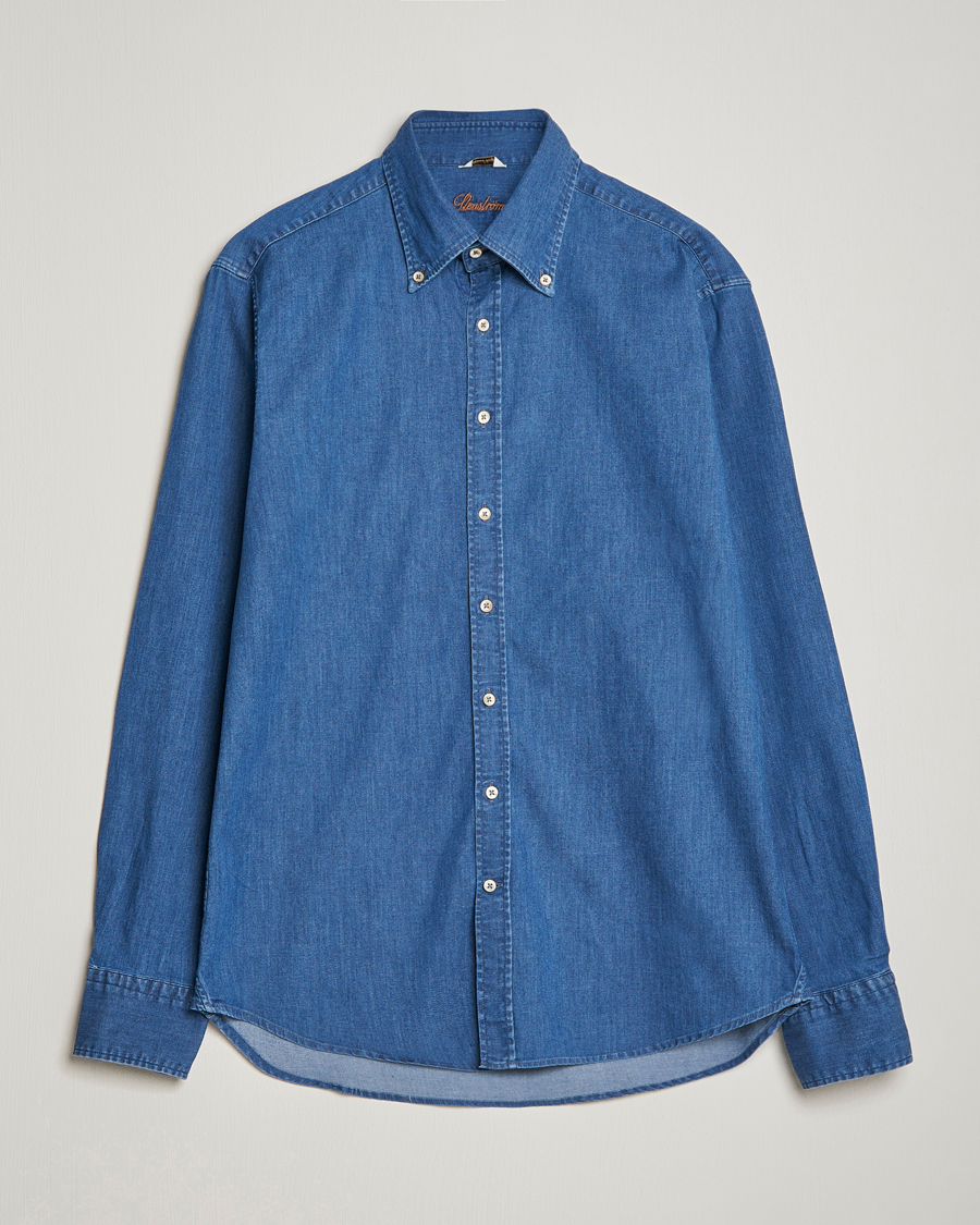 Hombres | Camisas | Stenströms | Fitted Body Button Down Garment Washed Shirt Mid Blue Denim