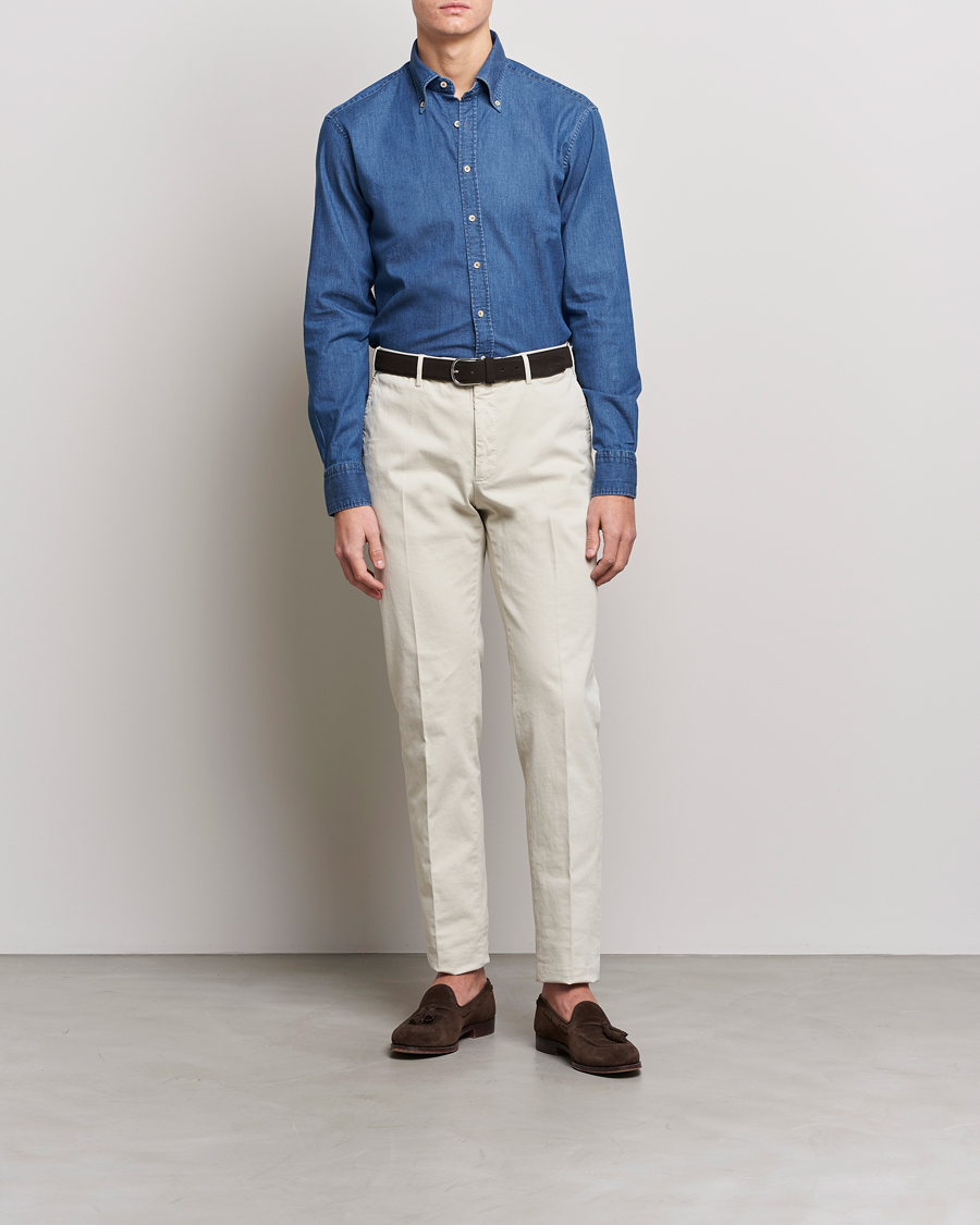 Hombres | Camisas | Stenströms | Fitted Body Button Down Garment Washed Shirt Mid Blue Denim
