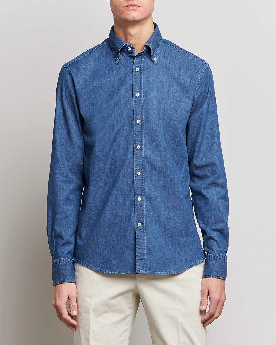 Hombres | Camisas vaqueras | Stenströms | Fitted Body Button Down Garment Washed Shirt Mid Blue Denim