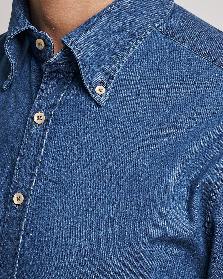Hombres | Camisas | Stenströms | Fitted Body Button Down Garment Washed Shirt Mid Blue Denim
