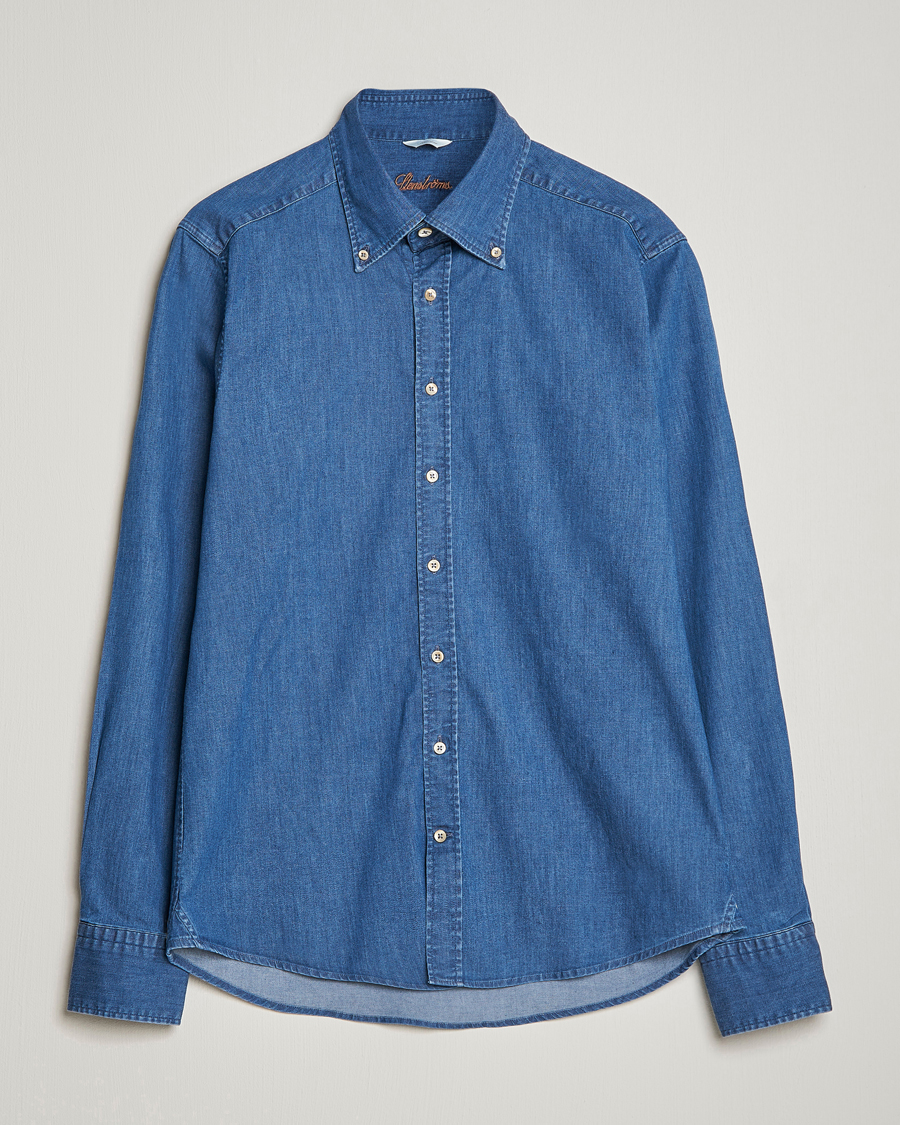 Hombres | Camisas | Stenströms | Slimline Button Down Garment Washed Shirt Mid Blue Denim