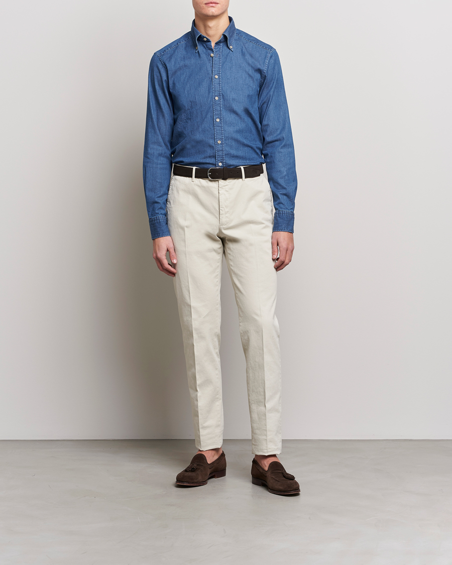 Hombres | Camisas | Stenströms | Slimline Button Down Garment Washed Shirt Mid Blue Denim
